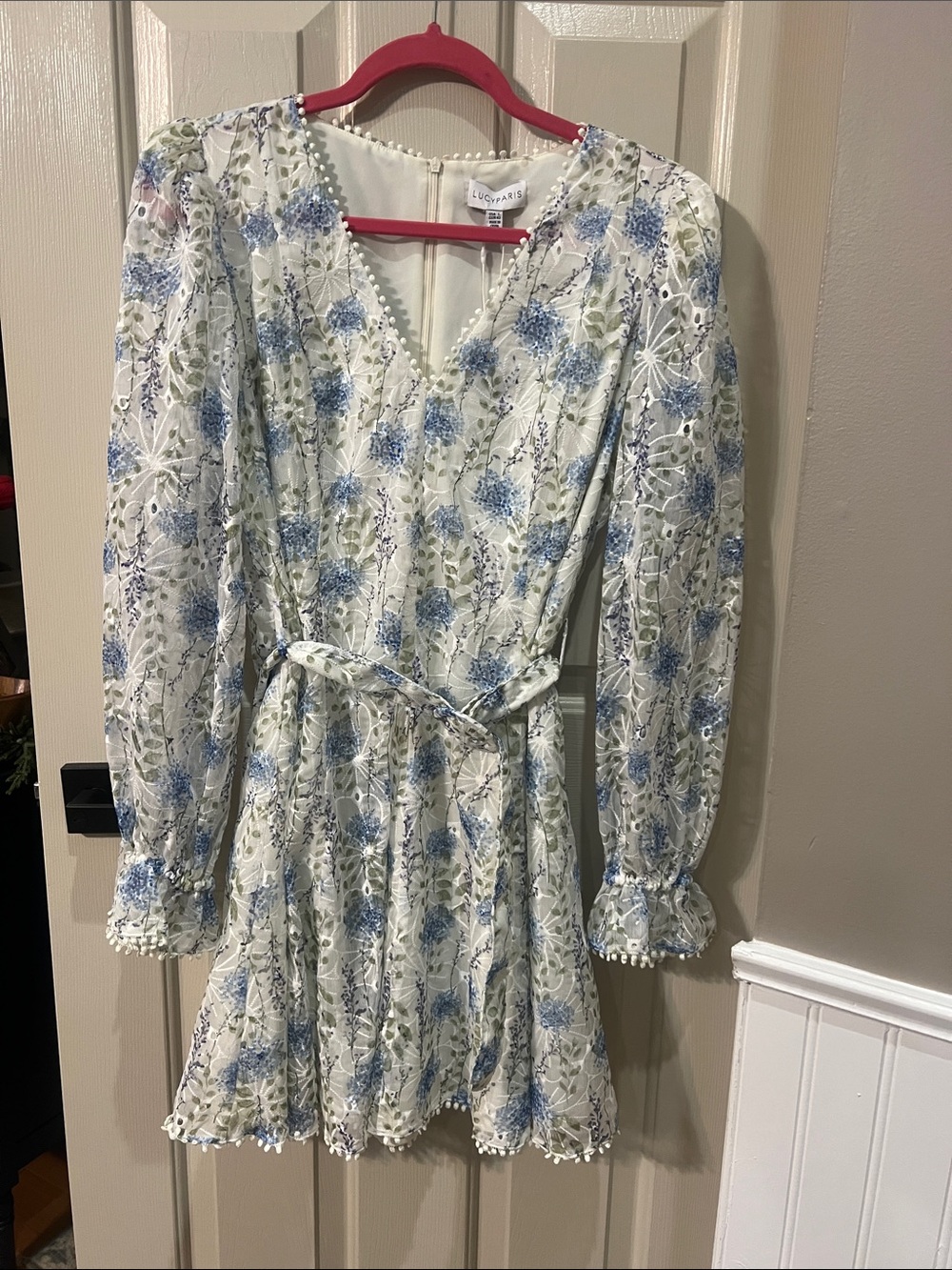 Lucy Paris Cream Lace Dress with Blue Embroidery